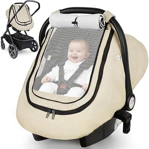 Rquite Car Seat Cover Baby, Winter Carseat Covers Boy Girl, Waterproof Infant Car Seat Cover Warm Car Seat Canopy for Cold Weather, Windproof Baby Carrier/Stroller Cover with 2 Layers Windows, Beige