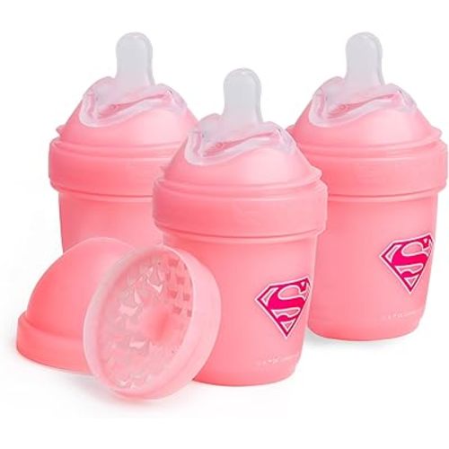 Herobility Anti-Colic Baby Bottles 5 oz / 140 ml – Pack of 3 Newborn Baby Bottles, Slow Flow Plastic Bottles, Breast-Shaped Teat for Breastfed Babies, Small Baby Bottles, Swedish Design, Supergirl