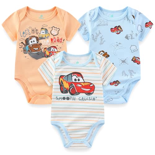 Disney Baby Toy Story Mickey Mouse Cars Winnie the Pooh Boys 3 Pack Bodysuit Creeper for Newborn and Infant