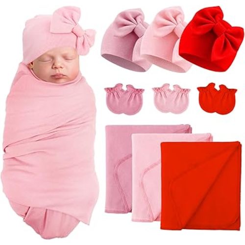 Newborn Receiving Blanket with Bow Hat Mittens Set Nursery Swaddle Wrap Toddler Swaddles for Newborn Baby Boy Girl