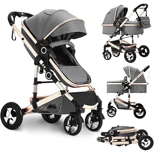 Convertible Baby Stroller, 3 in 1 Folding Infant Stroller, High Landscape Pushchair w/Adjustable Backrest & Canopy, Newborn Pram with Foot Cover, Storage Basket, Grey