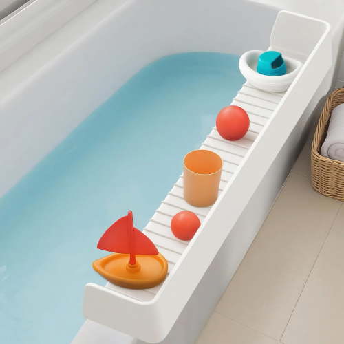 Silicone Bathtub Splash Guard & Play Tray for Toddlers – 31.5" Water Spill Guard with 11 Suction Cups, Toy Storage Shelf – No Mess Bath Time Solution, White