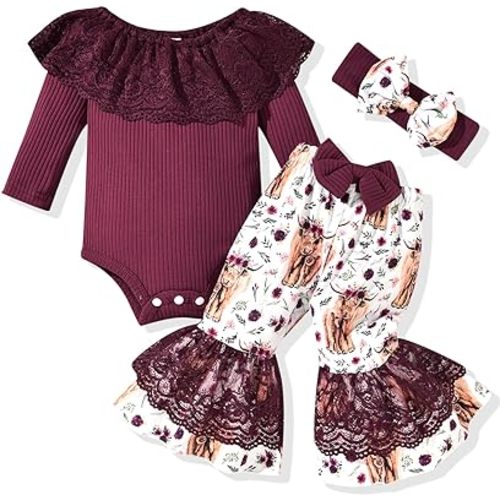 HINTINA Newborn Baby Girl Short Sleeve Bodysuit Flared Pants Ribbed Outfits