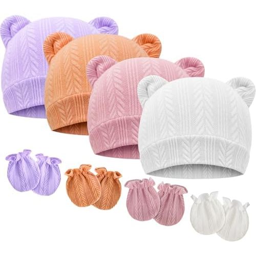 BQUBO Newborn Baby Hats Bear Ears and Mittens Sets Preemie Caps Baby Boy Girl Infant Hospital Beanie for 0-3 Months