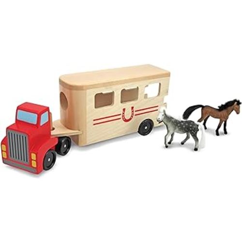 Melissa & Doug Horse Carrier Wooden Vehicle Play Set With 2 Flocked Horses and Pull-Down Ramp - Horse Figures, Wooden Horse Trailer Toy For Kids Ages 3+