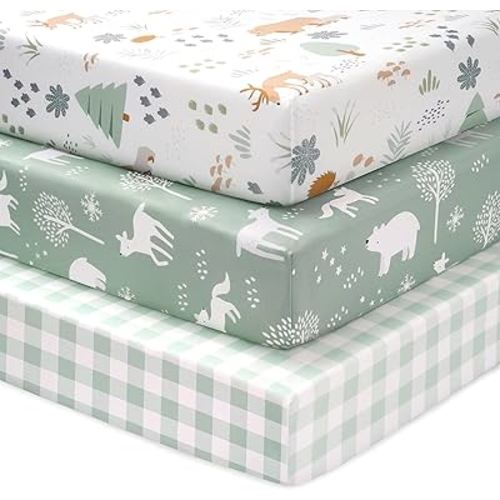 Baby Crib Sheets for Boys and Girls, 3 Pack Fitted Toddler Bed Sheets Neutral for 52”x28” Standard Crib and Toddler Mattresses, Super Soft Microfiber Green Forest Bear
