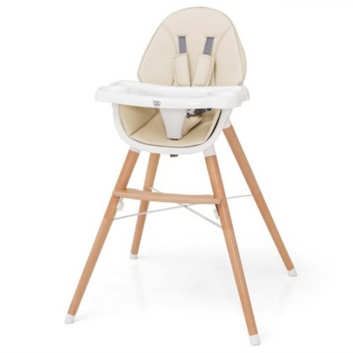 Babyjoy Baby High Chair Wooden Feeding Chair with 4-Gear Tray & Removable Cushion Beige/Grey, Color: Beige