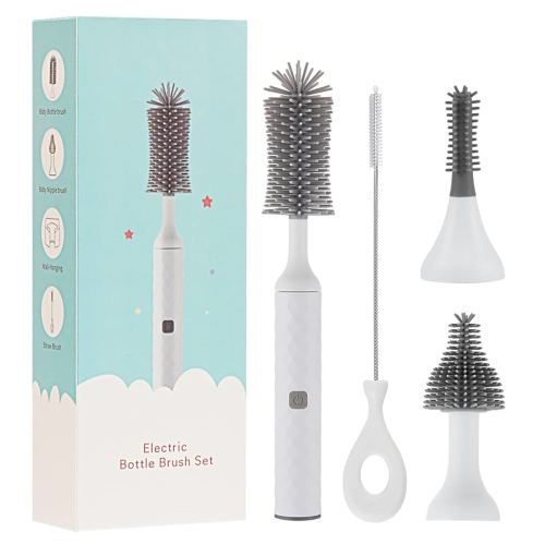 Electric Baby Bottle Brush Set with Electric Bottle Brush and Silicone Bottle/Nipple Brush, Long Straw Cleaner, Rechargeable Bottle Cleaner Electric,Waterproof Water Bottle Cleaner,White