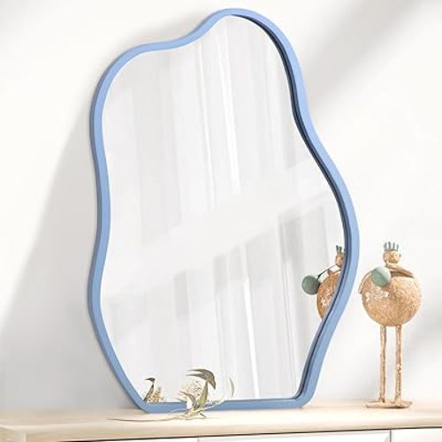 Asymmetrical Mirror for Wall Modern Cloud Wooden Framed Wall Mirror Unique Shape Wall Mounted Vanity Artistic Wavy Mirror Decorative for Living Room Bedroom Bathroom Entryway Large 20"x16"