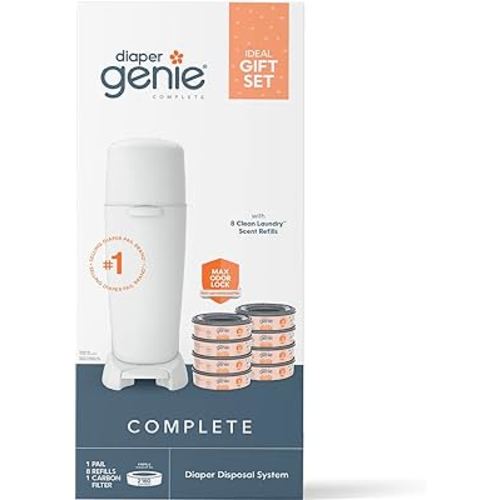 Diaper Genie Registry Gift Set | Includes Diaper Genie Complete Diaper Pail, 8 Refill Bags, 1 Carbon Filter | Perfect Starter Kit