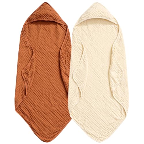 PHF 2 Pack Baby Hooded Towels, 100% Muslin Cotton Baby Bath Towel with Hood for Newborn, Infant, Toddler, Ultra Soft and Absorbent Baby Essentials Bath Towels for Boys Girls, 32x32Inch, Beige & Brown