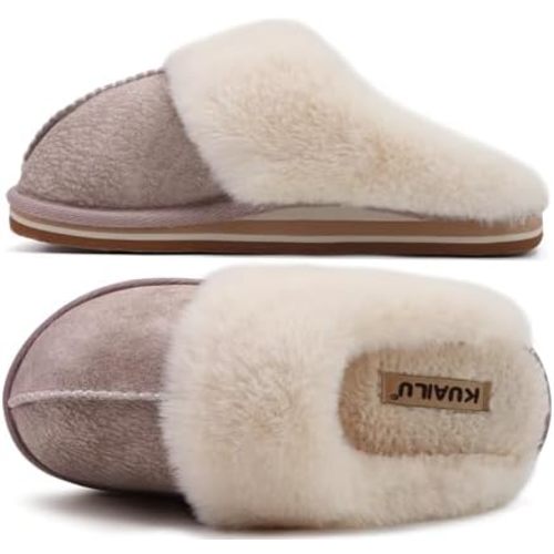 KuaiLu Womens Fluff Dual Memory Foam Slippers Ladies Cozy Arch Support Warm Scuff Slippers Slip on Comfy Winter House Shoes with Non-Slip Indoor Outdoor Hard Sole
