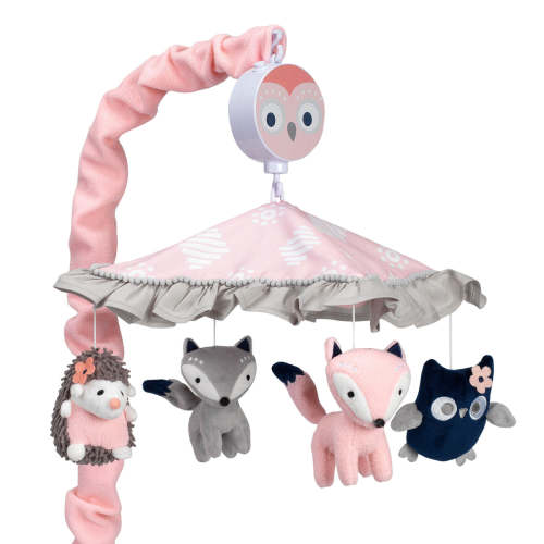 Forever Friends Pink/Gray Woodland Owl/Fox Musical Baby Crib Mobile – Lambs & Ivy