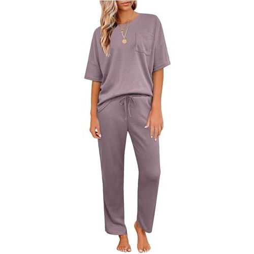 JiniGolla Womens Pajama Sets Waffle Knit Short Sleeve Shirt with Long Pajama Pants Soft Sleepwear Pj Lounge Sets