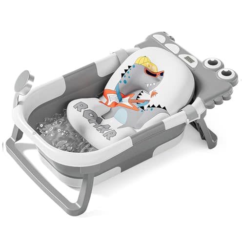 TPN Collapsible Baby Bathtub for Infants to Toddler with Real-time Temp Monitor+Floating Cushion,Foldable Baby Bath Tub Set Applicable 0-36 Month,Perfect Portable Travel Baby Tub for Newborns Boy