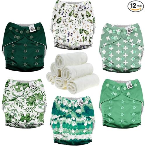 Mama Koala 3.0 Pocket Cloth Diapers for Babies with AWJ Lining, 6 Pack with 6 4-Layer Natural Cloth Diaper Inserts - Reusable and Washable Pocket Diapers (Love Green)