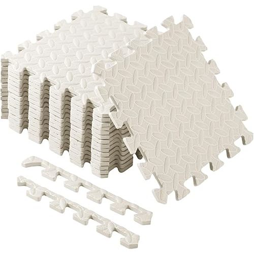 Shihanee Foam Floor Baby Tiles Foam Floor Mats Play Mats Bulk with Borders Interlocking for Kids Baby Playroom Nursery Gym (Ivory White,16ft)