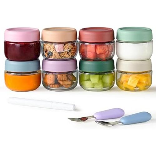 Glass Baby Food Storage Containers, Baby Food Jars, 8 Pack Small Glass Containers with Lids, 4 oz Leakproof Baby Food Storage Containers, BPA Free Microwave/Freezer/Dishwasher Safe, Kids Spoon Fork
