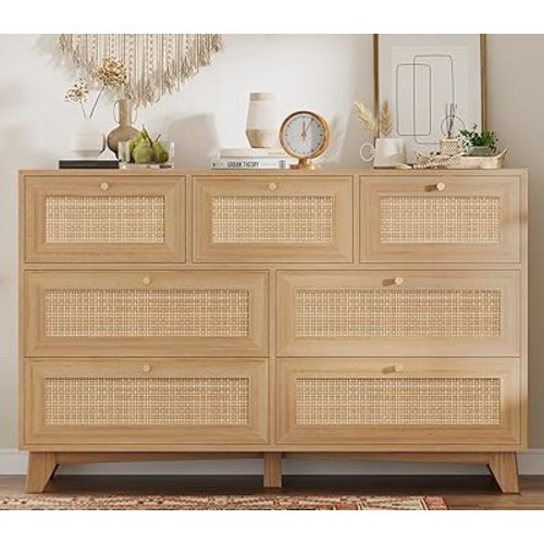 VIAGDO Rattan Dresser for Bedroom, 7 Drawer Dresser with Natural Rattan Drawers, Wooden Wide Cabinet with Gold Handles, Modern Closet Storage Chest of Drawers for Nursery Entryway Living Room