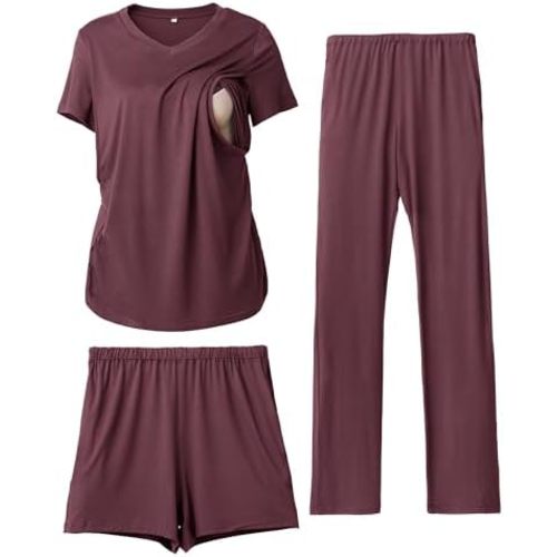 Rnxrbb 3 Piece Women's Maternity Nursing Pajamas Set V Neck Breastfeeding Pjs Sleepwear Postpartum Shorts&Pants Pockets