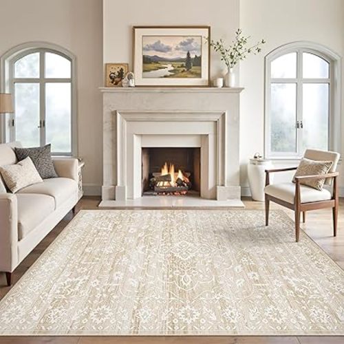 5x7 Area Rugs for Living Room, Washable Vintage Floral Non-Slip Low Pile Natural Rug Soft Throw Carpet for Dining Room Bedroom Home Office Nursery (Beige, 5'x7')