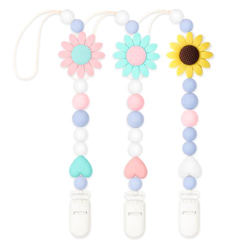 LSTRAGY Silicone Pacifier Clip, 3 Pack Pacifier Holder for Boys and Girls, Adorable Sunflower Pacifier Clips Fits for Most Pacifier, Baby Teethers, Baby Shower and Baby Gift