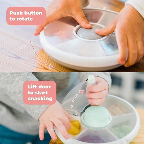 GoBe Kids Original Snack Spinner Bundle with Hand Strap and Sticker Sheet - Reusable Snack Container with 5 Compartment Dispenser and Lid | BPA and PVC Free | Dishwasher Safe | No Spill, Leakproof - GoBe Grey - Small