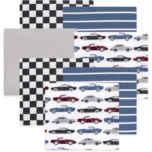 Little Treasure Hudson Baby Cotton Poly Flannel Receiving Blankets Multipack, Blue Vintage Cars, 30x30 inches