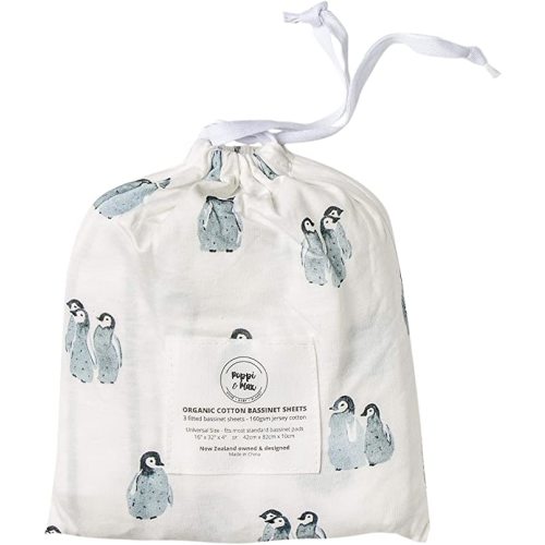 POPPI & MAX 100% Organic Bassinet Sheets – Fitted Premium Jersey Cotton 3-Sheet Set for Baby Boy/Baby Girl | Fitted Sheets for Oval, Rectangle, Halo Bassinet Pads & Moses Basket | Penguin & Pipi Shell