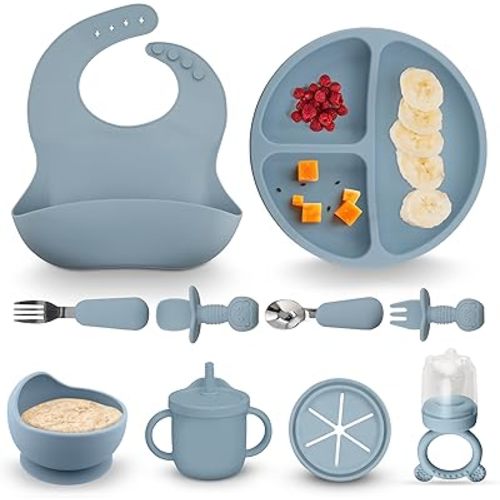 BPA-Free Silicone Baby Feeding Set: Includes Suction Plate, Bowl, Sippy Cup w Lid, Fruit Feeder & Teether, Sensory Bump Utensils, Steel Spoon and Fork, Blue