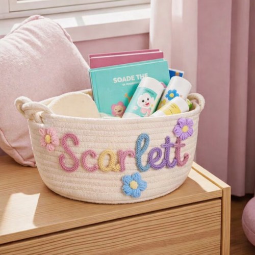 Personalized Monogrammed Woven Basket for Scarlett - Cotton Knitted Nursery Storage