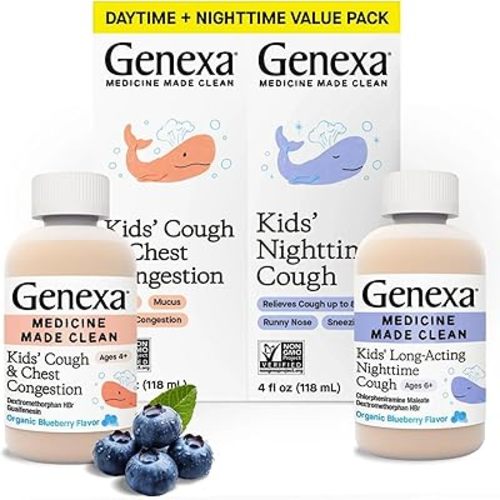 Genexa Kids' Clean Day & Night Cough Medicine, Dye Free, 0% Artificial Additives, Children's Cough, Chest Congestion, Runny Nose & Sneezing Relief, Ages 6+, Organic Blueberry Flavor, 8 fl oz (2 Pack)