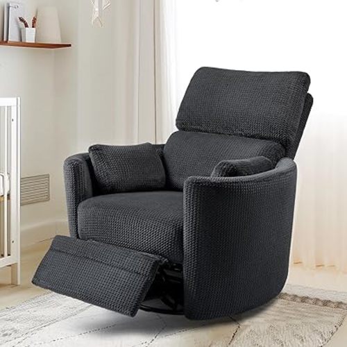 Jocisland Power Swivel Glider Rocking Recliner, Nursery Rocker Chair for Adults with 4 Massage Points, 2 Pillows, USB & Type-C Charge,Barrel Armchair for Living Room Bedroom, Grey