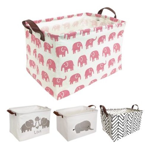 Howarmer Rectangular Storage Basket, Collapsible Laundry Basket, Waterproof Canvas PE Coating Large Storage Bins Gift Baskets for Children, Office, Bedroom, Clothes,Toys - Pink Elephant