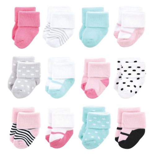 Luvable Friends Baby Girls Newborn and Baby Terry Socks, Mint Pink Mary Janes 12-Pack, 0-6 Months