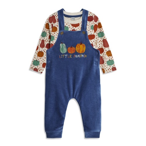 Pumpkin Print Long Sleeve Cotton T-Shirt & Velour Overalls Set, 3-6M