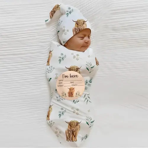 Ylsteed Highland Cow Baby Swaddle Blanket and Headband Set, Newborn Receiving Blanket Swaddle Wrap for Girls and Boys, Swaddling Blanket Neutral for Newborn，Soft and Skin-Friendly （Highland Cow）