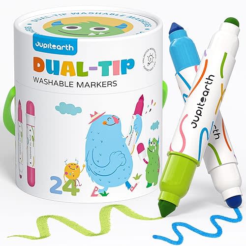JUPITEARTH Washable Dual Tip Markers for Toddlers 1-3, 24 Colors
