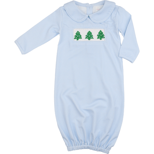 Blue Knit Gingham Smocked Christmas Tree Baby Gown - Cecil and Lou