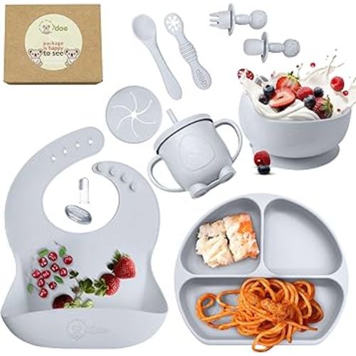 O'doe 11-Piece BPA-Free Silicone Baby Feeding Set | Thick & Soft Suction Plates, Baby Bowls, Wooden Fork & Spoon, and More | Make Mealtime Fun and Easy for Your Little One (Grey, V1)