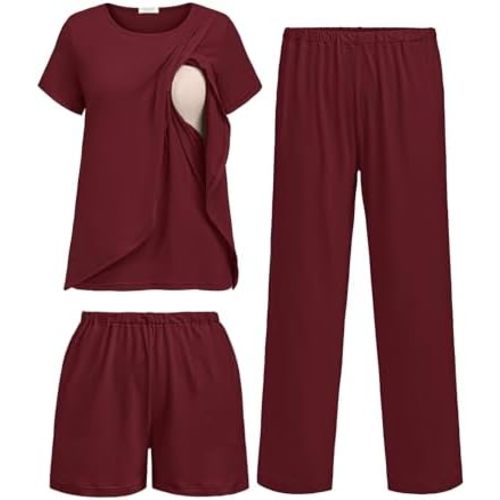Ekouaer 3 PCS Maternity Nursing Pajamas Set Postpartum Breastfeeding Short Sleeve Shirts, Pregnancy Shorts & Pants Pjs S-XXL