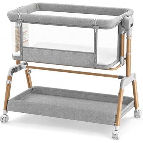 3 in 1 Baby Bassinet, Bedside Sleeper for Newborn, 7-Level Height Adjustable, Rocking Design with Breathable Mesh, Lockable Wheels & Large Storage Space, Portable Baby Crib（Light Gray）