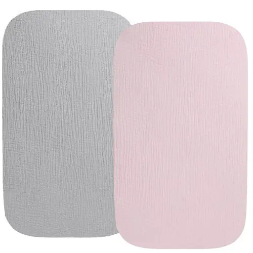 Muslin Bassinet Sheet Compatible with AMKE 3 in 1 Bassinet(35 X 20), Milliard, TCBunny Bassinet, 2 Pack Cotton Stylish Boho Fitted Bassinet Sheets for Baby Grey & Pink