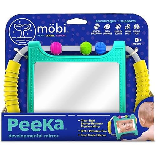 Mobi Peeka Activity Toy - Tummy Time Baby Mirror, Food Grade Silicone Montessori Toys, Shatterproof Mirror for Babies, BPA and Phthalate Free - for 0-6 Months Newborns and Up