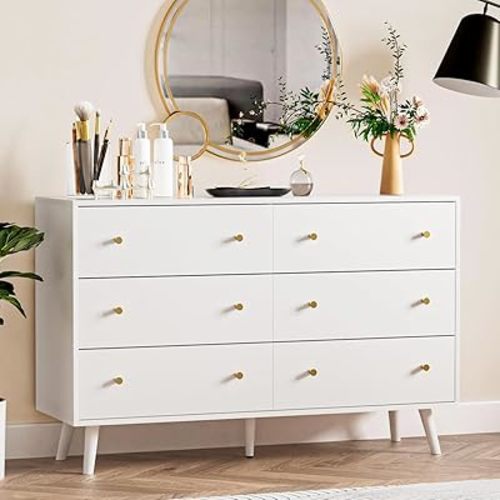 White and Gold Dresser 6 Drawer for Bedroom, Modern White Dresser with Gold Handles, Chest of Drawers for Bedroom