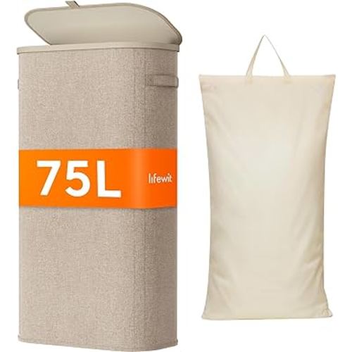 Lifewit 75L Slim Laundry Basket with Lid, Laundry Hamper with Plastic Handles and Removable Bag, Foldable Tall Dirty Clothes Hampers for Laundry for Laundry Room, Bedroom, Bathroom, Dorm, Beige