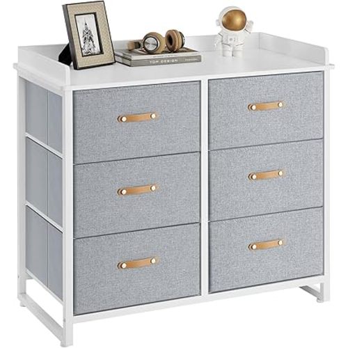 SONGMICS Dresser for Bedroom with 6 Drawers, Chest of Drawers, with Water-Resistant Changing Table, Storage Organizer Cabinet, for Kids Room Nursery Living Room Hallway, Gray UGKR101G01