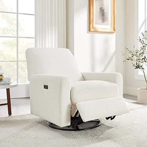 VANOMi Power Swivel Glider Recliner Chair, Electric Nursery Rocker Recliner Chair, USB & Type-C Charger, Boucle White