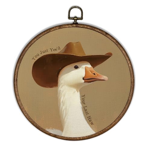 XBBMGG Vintage Cowboy Goose Wall Art Decor, Funny Western You Just Yee'd Round Wall Hanging Decor, Brown Cowboy Hat Goose Framed Canvas Prints for Nursery Living Room Bathroom Decorations, 10x10inch