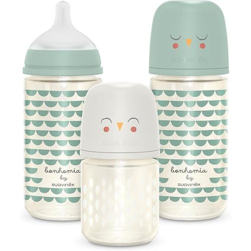 Suavinex Bonhomia Glass Baby Bottle with SX PRO Silicone Nipple, Anti Colic Baby Bottles, Baby Bottles for Breastfed Babies, 3 Pack, Mint/Beige